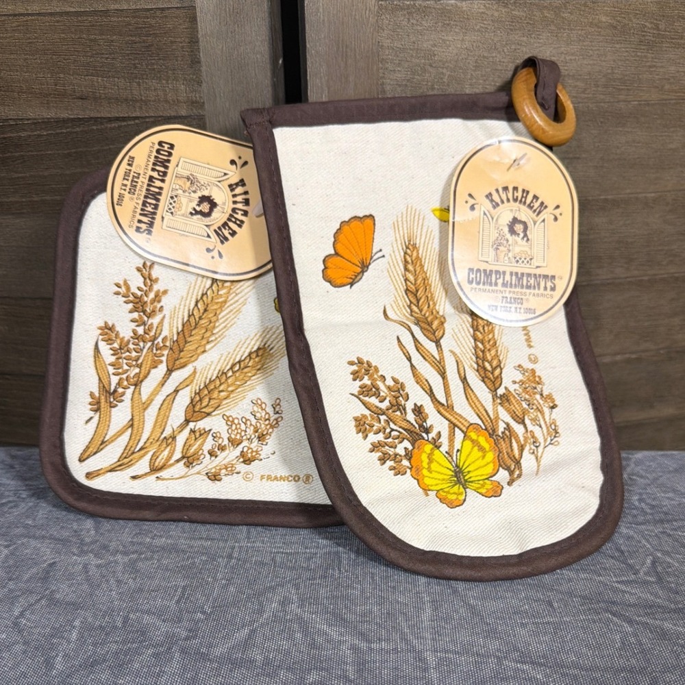 Franco Pot Holder Oven Mitt Set Unisex OS Butterfly Wheat Cream Brown NEW